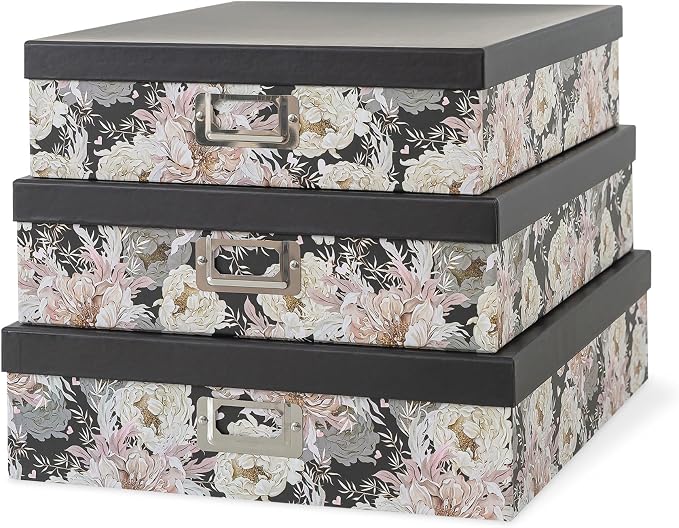 Soul & Lane - Floral Jumbo Scrapbook Storage Boxes with Lids, Set of 3 | Extra Large Decorative Storage Box Set for Photos, Papers and Keepsakes, Picture and Letter Document Organizers for Memories by SoulLane