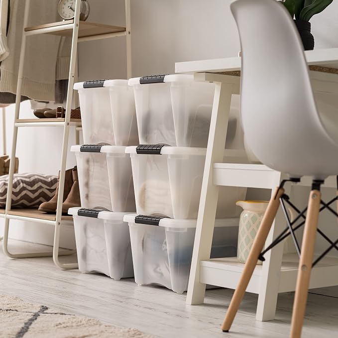 IRIS USA 6-Pack 19 Quart Storage Bins with Lids, Pearl | Conceals contents for a clean look. Great for linens, décor, closet storage, and supplies. Nestable design saves space - Image 6