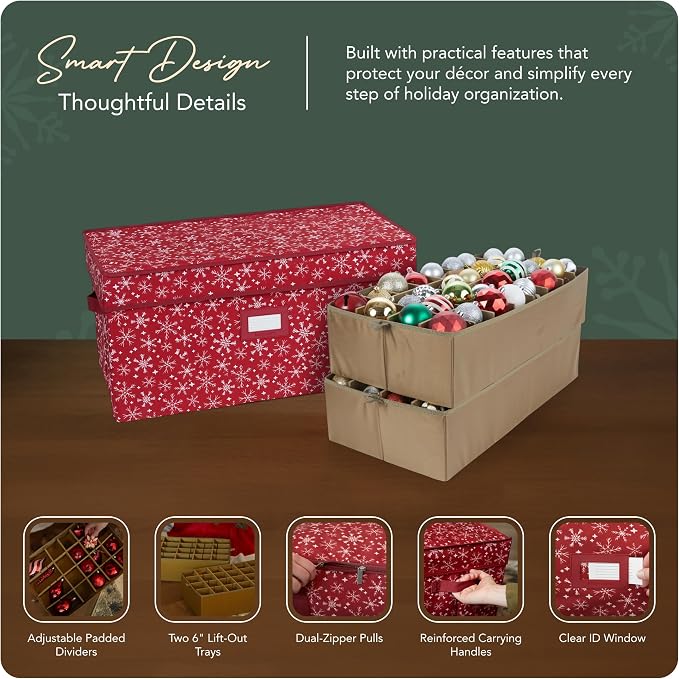 Covermates Keepsakes Adjustable Ornament Storage Box – Heavy-Duty Polyester, Padded Dividers & FlexGrid Trays – Protective Holiday Organizer with Stackable Walls & Label Window, Red Snowflake - Image 4