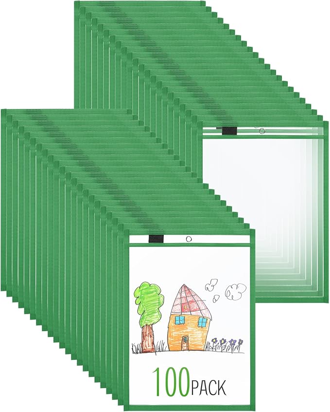 Nezyo Dry Erase Pockets Plastic Job Ticket Holders Shop Holder Order Pockets Clear Sleeves Tickets Folders Plastic Sleeves Paper Teacher Supplies for Classroom(10 x 14 in,Dark Green,100 Pcs) by Nezyo
