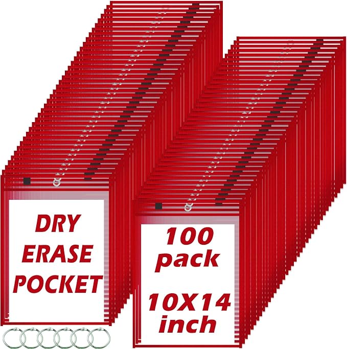 100 Packs Dry-Erase Pockets Bulk Job Ticket Holders Oversized Reusable Dry Erase Pocket Sleeves with 6 Ring, 10x14 Red Ticket Holders, Clear Plastic Sheet Protectors, Teacher School Classroom Supplies by Oleitodh