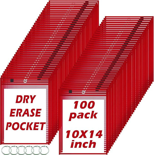 100 Packs Dry-Erase Pockets Bulk Job Ticket Holders Oversized Reusable Dry Erase Pocket Sleeves with 6 Ring, 10x14 Red Ticket Holders, Clear Plastic Sheet Protectors, Teacher School Classroom Supplies by Oleitodh