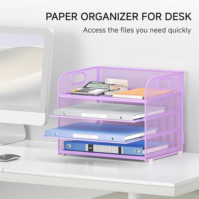 Lavatino 4-Tier Paper Organizer Trays - Purple Mesh File Folder Sorter with Handles, Desk Letter Holder Organizer for Office, Home, School Supplies Storage & Organization - Image 6
