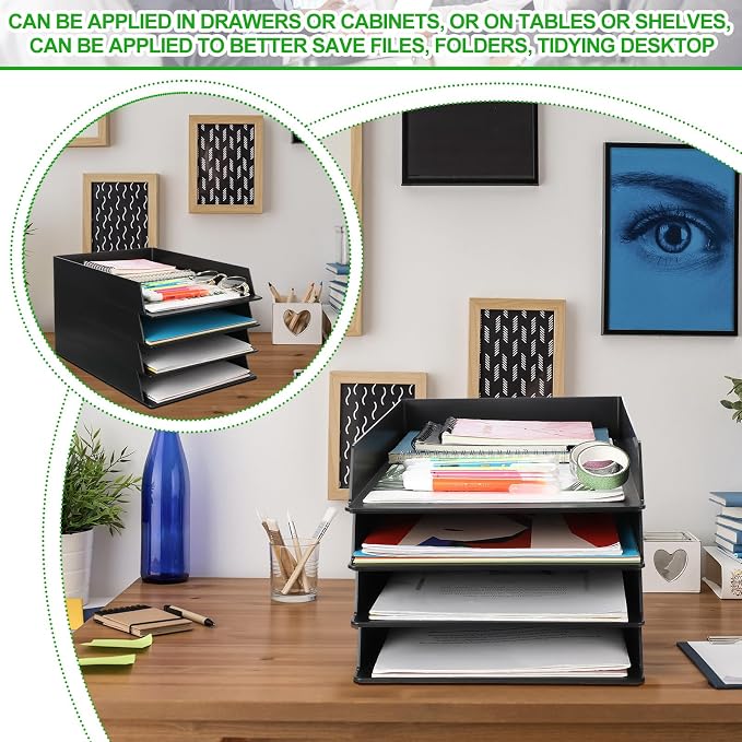 6 Pcs Stackable Paper Trays Rectangular Plastic Desk Holder Desktop Document File Organizer Storage Letter for Office Classroom (Black) - Image 4