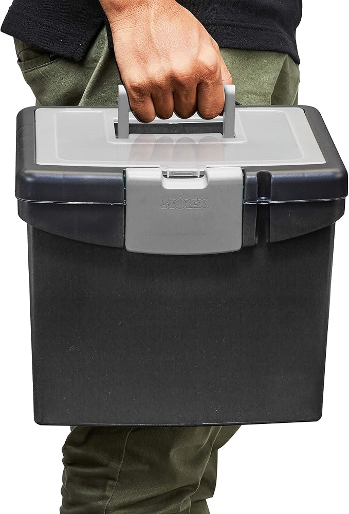 Storex Portable File Box with Organizer Lid – Plastic Office File Storage Box for Letter Paper and Hanging Folders, Obsidian, 1-Count (61504C01C) - Image 4
