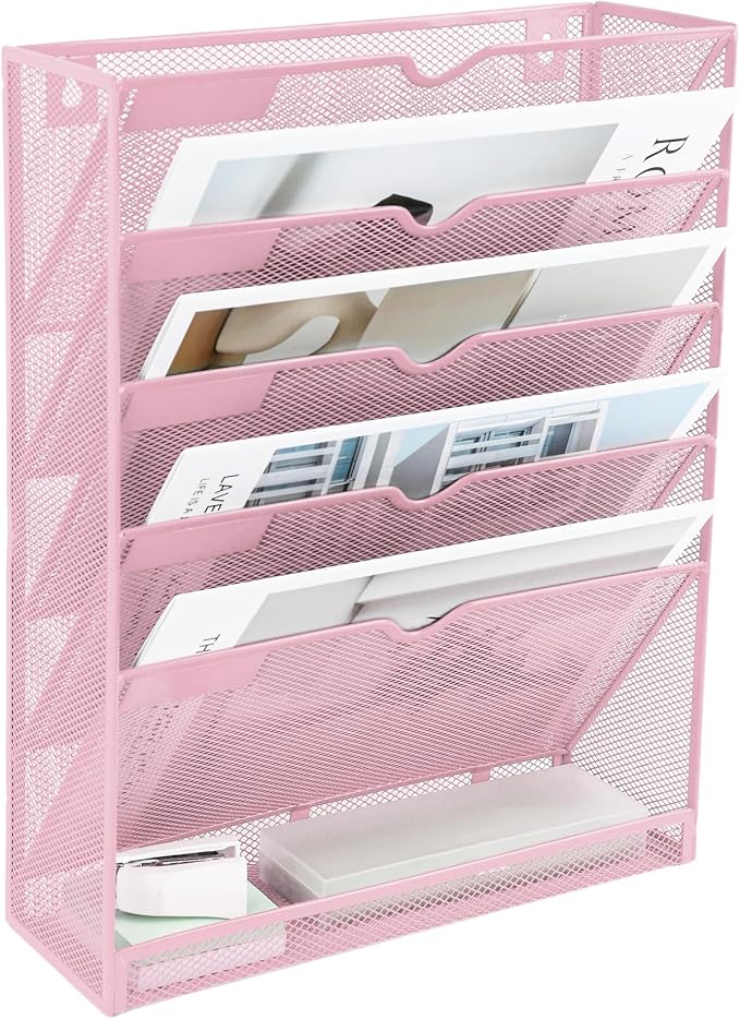 6 Tier Mesh Hanging Wall File Organizer, Desk Vertical Mail Paper Document Folder Holder Rack with Bottom Tray and Nametag Label for Office Home School, Pink - Image 8