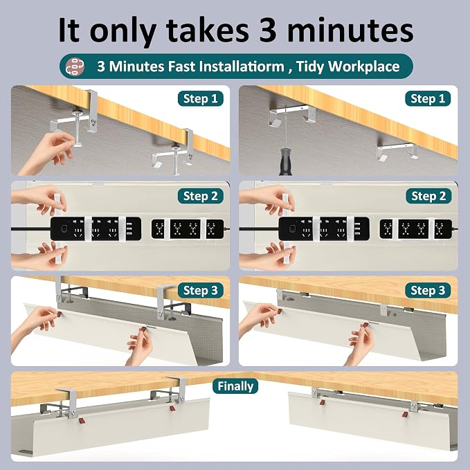 Extra Large 48" Under Desk Cable Management Tray for Standing Desk, No Drill Clamp On Wire Hider, Heavy Duty Anti-Sag Cord Organizer, Cable Tray for Studio & Dual Monitors (Beige, 47.8") - Image 4