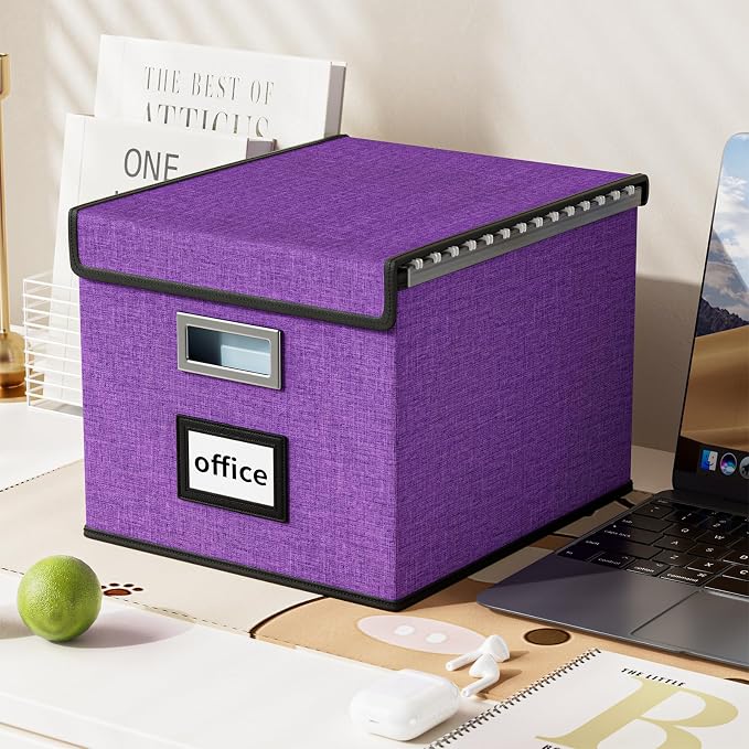 File Organizer Box with Lids, Collapsible File Folder Organizer | File Box with Plastic Slides for Office Document Storage, Filing Bin for Letter Size Hanging File Folders (1 Pack, Purple) - Image 5