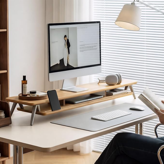 Fenge Dual Monitor Stand Riser, Wooden Desk Shelf with 2-Tier Storage | 42.5-Inch Wide, Sturdy Aluminum Legs, Built-In Phone & Tablet Slot, Desktop Organizer for Office Accessories - Image 2