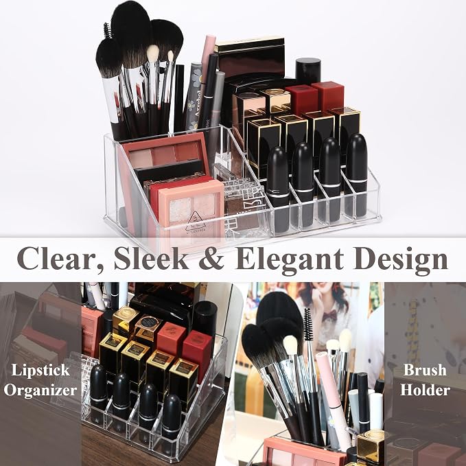 Sea Team Stackable Clear Acrylic 16-Slot Lipstick Organizer for Vanity | Makeup Storage Box, Cosmetic Display Case, Holder for Lippie, Gloss, Brush, Eye Liner, Eyebrow Pencil, Nail Polish, Essence - Image 4