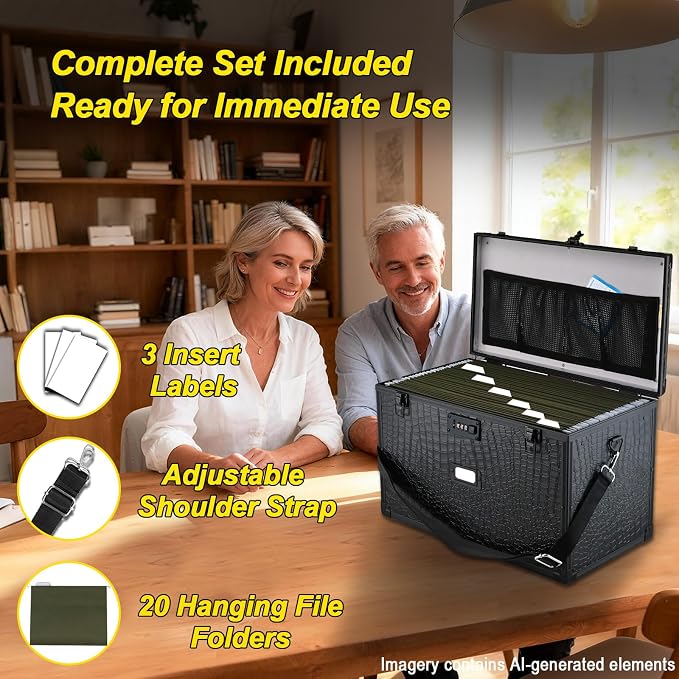 Hanging File Box for Legal, All-in-one set with 20 Folders | Portable Locking Filing Storage Box with Handle & Shoulder strap, Lockable File Cabinet Documents Safe, Lockbox Doc Organizer - Image 2