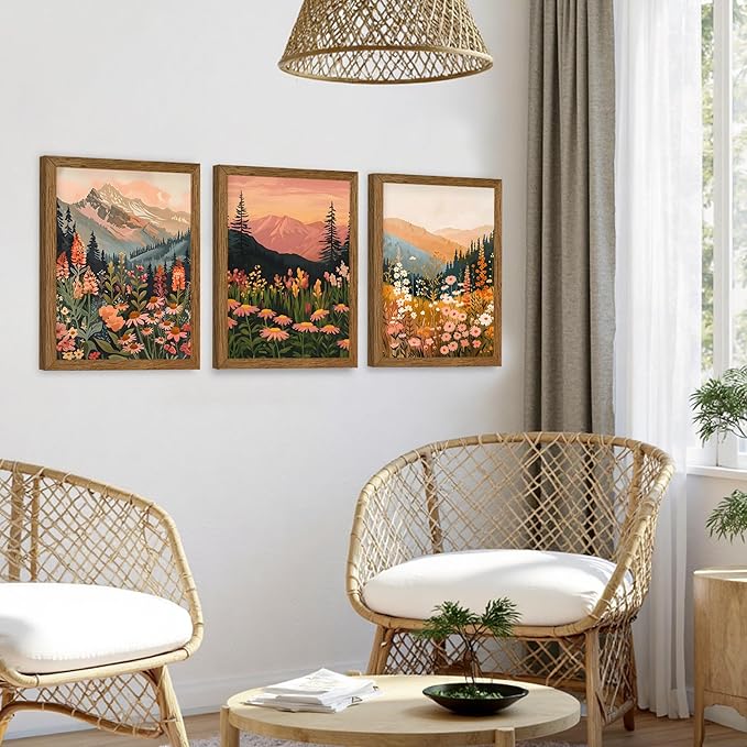 InspiredHues Colorful Landscape Boho Canvas Wall Art Set, 3 Piece Wildflower Mountain Wall Decor, Vintage Floral Rustic Nature Artwork Prints for Living Room Bedroom Office 12x16 Inch Wood Framed