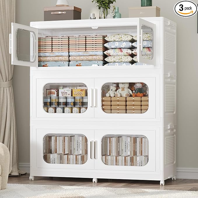 150Gal Exra Large Stackable Storage Bins with Lid, 600QT Collapsible Storage Box with 6x Wheels, Folding Plastic Cabinet Container with Door Drawer for Home Kitchen Office Dorm, 3Pack White by KUYIGAME