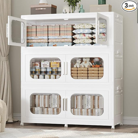 150Gal Exra Large Stackable Storage Bins with Lid, 600QT Collapsible Storage Box with 6x Wheels, Folding Plastic Cabinet Container with Door Drawer for Home Kitchen Office Dorm, 3Pack White by KUYIGAME