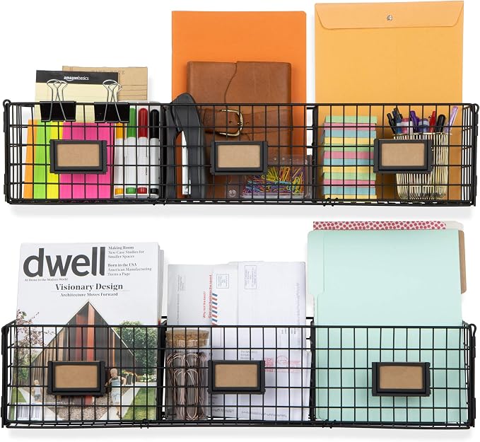 Amalfi Hanging File Folders Office Desk Organizer Wall Mount Wire Basket Storage Magazine Holder 3 Sectional Set of 2 Black - Image 4