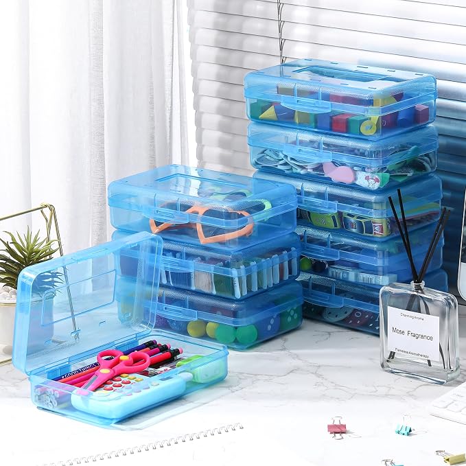 Leelosp 12 Pack Clear Pencil Boxes for School Bulk, Large Plastic Pencil Case with Lid, Stackable Hard Crayon Storage Box for Classroom Kids, Desk Drawer Organizer for Office Home(Blue) - Image 4