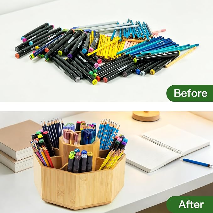 VaeFae 360° Rotating Bamboo Pen Holder Desk Art Supply Organizer | 9-12 Slots, Removable Divider, Octagonal Frame, Polished Surface, Space-Saving for Pens, Markers, Brushes & Beauty Supplies - Image 5