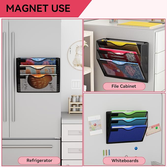 3-Tier Magnetic File Holder, No Drilling Wall File Organizer, File Folder Bins, Mail & Magazine Rack, Magnetic Paper Document Holder for Refrigerator File Cabinets Whiteboard, Black - Image 5