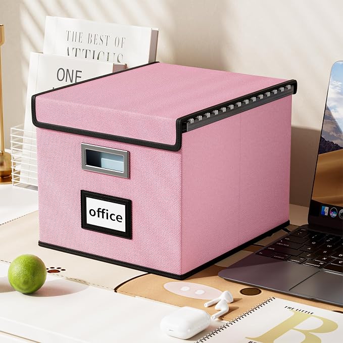 File Organizer Box with Lids, Collapsible File Folder Organizer | File Box with Plastic Slides for Office Document Storage, Filing Bin for Letter Size Hanging File Folders (1 Pack, Pink) - Image 5