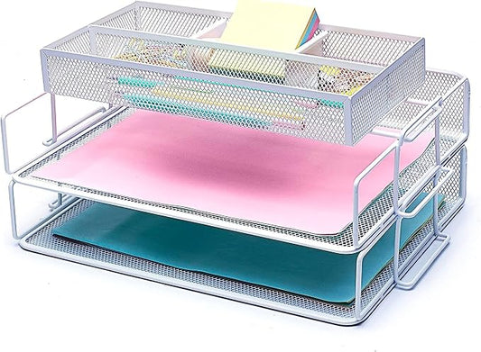 EXERZ Stackable Letter Trays 2 Pack with Memo Holder Desk Organiser White | Two Tier A4 File Storage With Divided Accessory Sections For Notes Pens Clips And Everyday Desk Essentials by Exerz