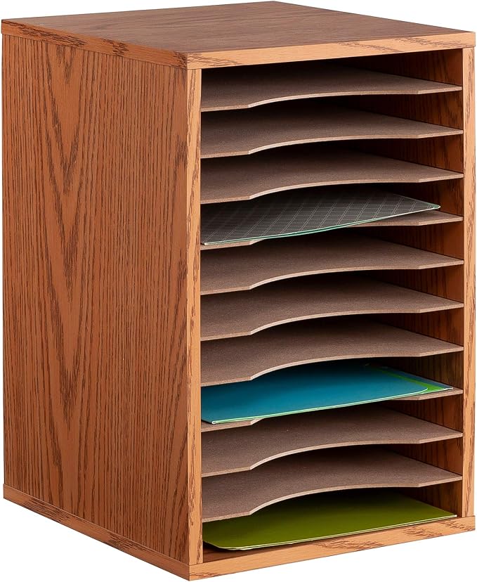 Safco Vertical Desktop Sorter, Wooden Paper Organizer for Home Office and Classroom, 11 Adjustable, Letter-Size Compartments, Medium Oak - Image 5