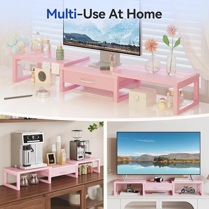 Desk Organizers and Accessories, Dual Monitor Stand Riser with Drawer, Computer Monitor Stand, Adjustable Desk Shelf for PC Laptop Printer TV, Pink - Image 6