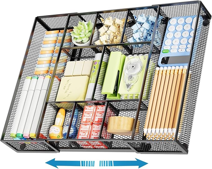 Marbrasse Expandable Desk Drawer Organizer, Mesh Drawer Organizer Tray with 10 Adjustable Compartments, Desk Organizers and Accessories, 5 Dividers Drawer for Office Supplies, Makeup & Vanity (Black) by Marbrasse