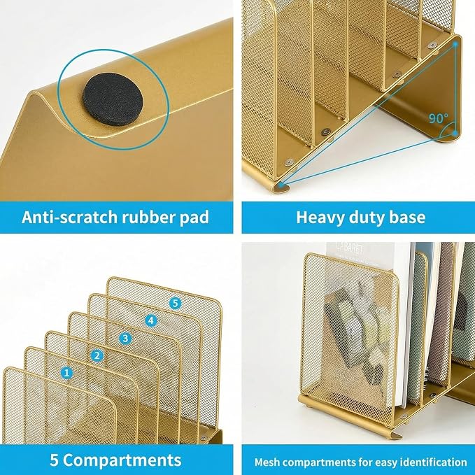 LEKETREE File Organizer for Desk, File Folder Organizer with 5-Section Vertical Rack, Suitable for Home Office Document Organization and Storage(Gold) - Image 6