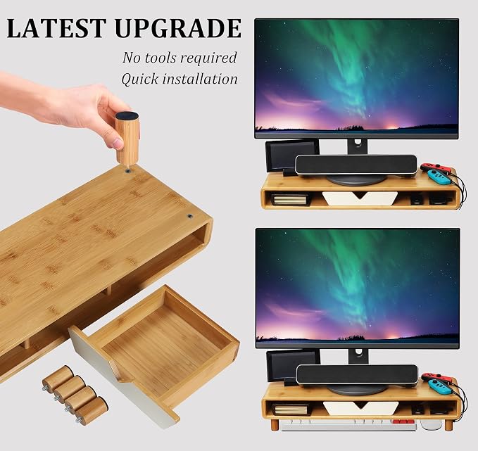 Homerays Monitor Stand with Drawer, Exquisite Computer Monitor Stand for Desk, Ergonomic Wood Monitor Stand Riser for Computer,Laptop,Printer,TV,Bamboo,White - Image 4