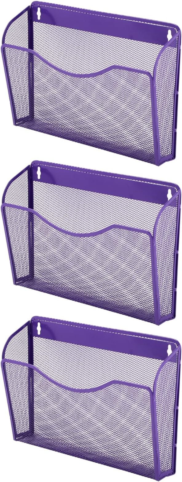 3 Single Pocket Mesh Hanging File Organizer, Vertical Wall Mounted Magazine File Holder, Mount Basket Mail Paper Document Folder Organizing for Office, Home and School, Purple by EASEPRES