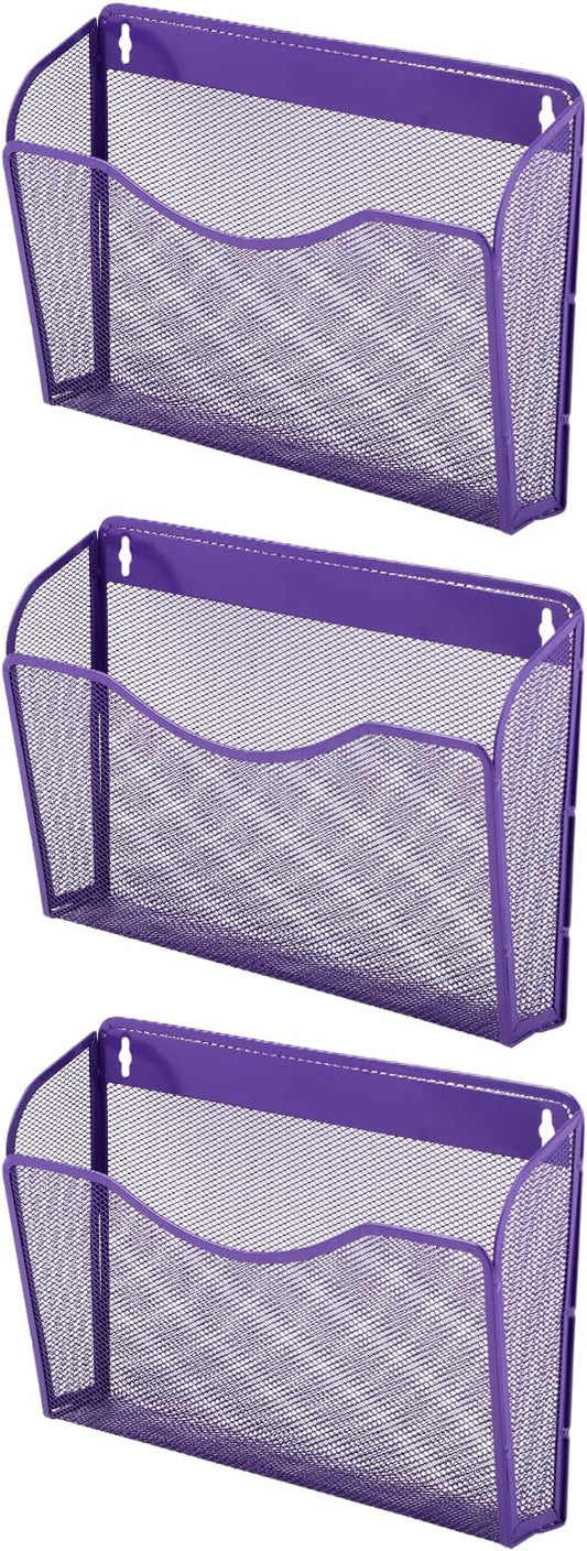 3 Single Pocket Mesh Hanging File Organizer, Vertical Wall Mounted Magazine File Holder, Mount Basket Mail Paper Document Folder Organizing for Office, Home and School, Purple by EASEPRES