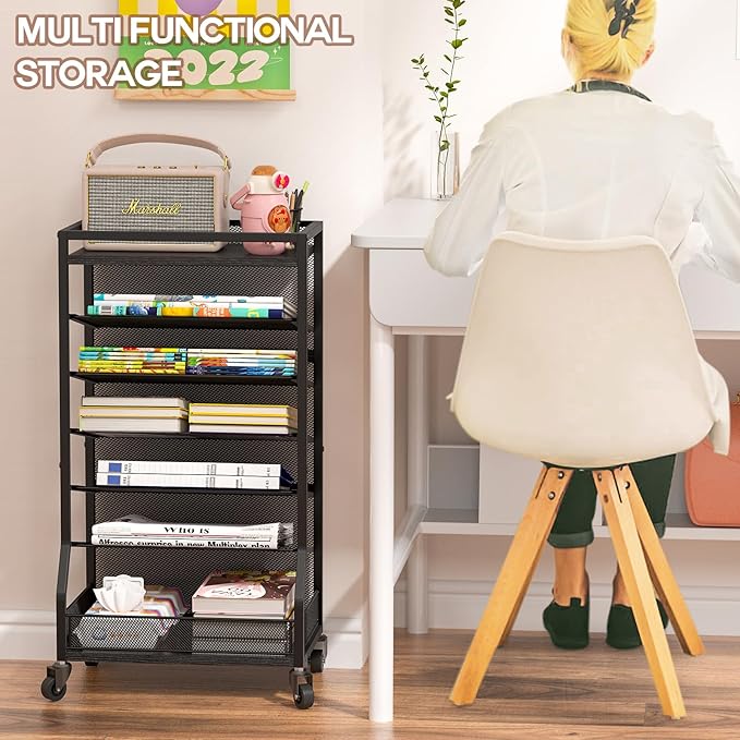 ThreeHio 7 Tier Rolling File Cart with Sliding Trays, Wood Metal File Organizer Beside Desk, Free-Standing File Holder, Paper Letter Tray Organizer Mesh Desk Organizer for Home Office School (Patent) - Image 3