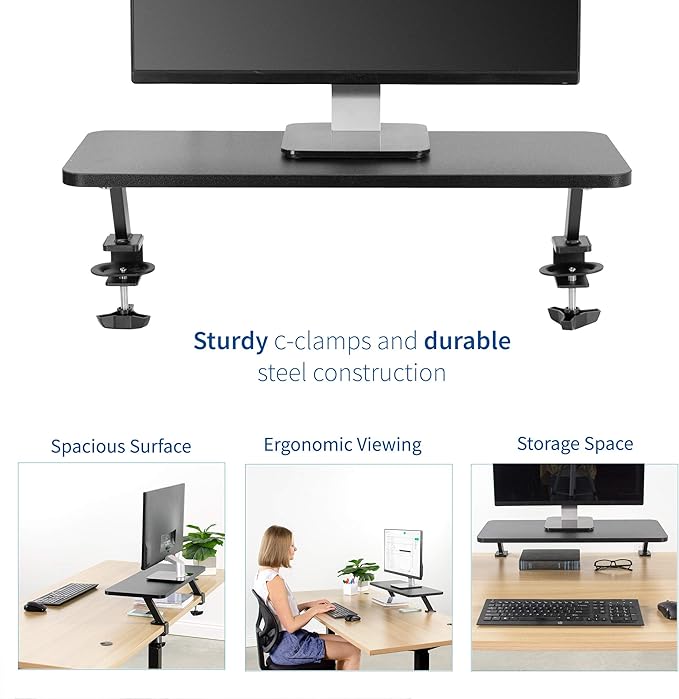 VIVO Black Clamp-on Small 26 inch Ergonomic Desk Shelf, Single Computer Monitor Stand Riser - Desk Organizer Holds 1 Screen or Laptop STAND-SHELF24B - Image 3