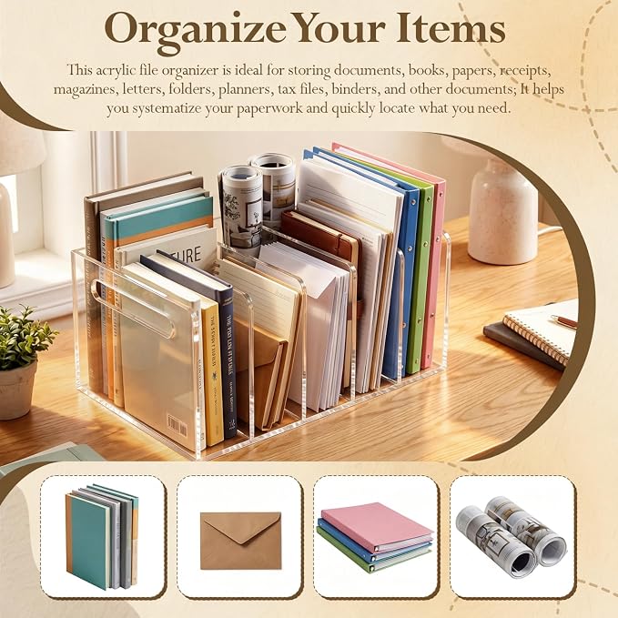Didaey 2 Pcs Acrylic Magazine File Holder, 5 Vertical Compartments Desk Sorter Organizer Magazines Documents Books Accessories Clear Folder Rack Binder for Office Home (B5,5 Sections,Clear) - Image 5