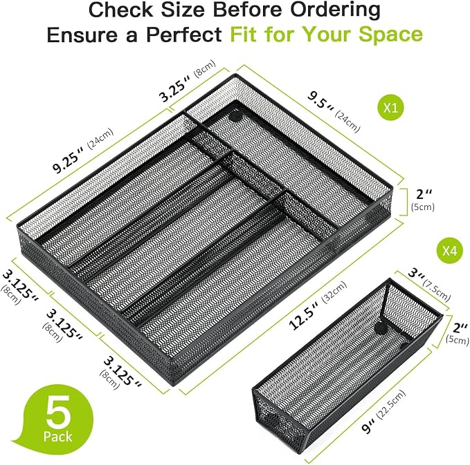 Neudeco Drawer Organizer Set, Black Mesh, 5 Pack | 4-Compartment Silverware Organizer Tray, 4 Utensil Trays, For Flatware, Cutlery, Office Supplies, Non-Slip - Image 3