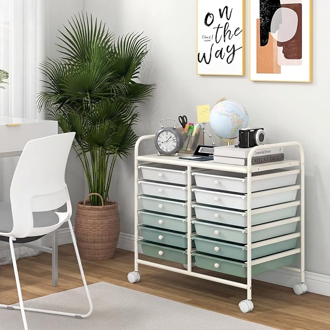 Giantex 12 Drawers Rolling Cart, Mobile Storage Drawer Cart, Classroom Organizer Cart for Office School Supplies Tools Scrapbook Paper Craft Small Printer, Utility Cart on Wheels, Green Gradient - Image 2