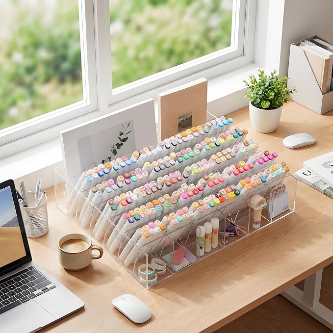 MotiMind Acrylic Pen Organizer Storage for 420 Markers Vertical Marker Organizer Acrylic Pen Display Holder for Office Desk Desktop Stationery Pencil Storage, Clear, 18 x 4 x 14.5 Inch - Image 5