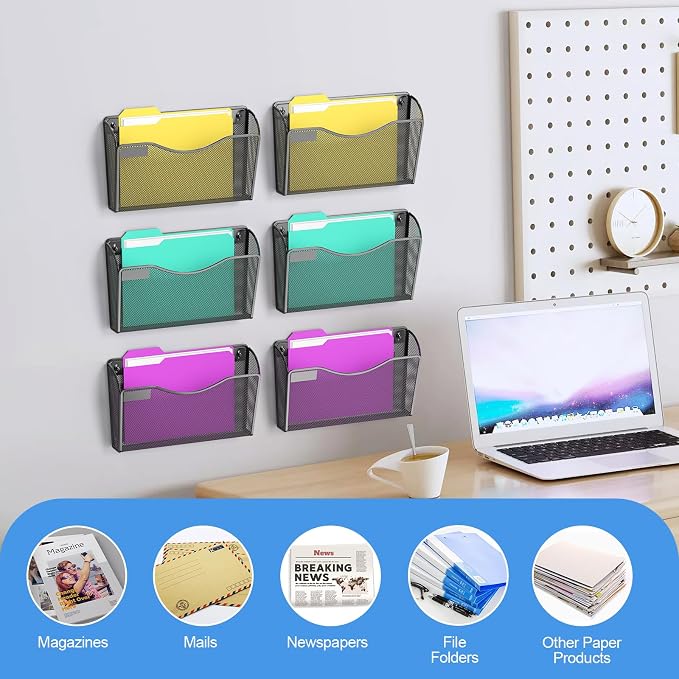 samstar 6 Pack Magnetic File Holder, Mesh Wall File Organizer File Pocket Mail Organizer Paper Folder Holder for Office/Home, No Drilling(Magnetic) - Image 5