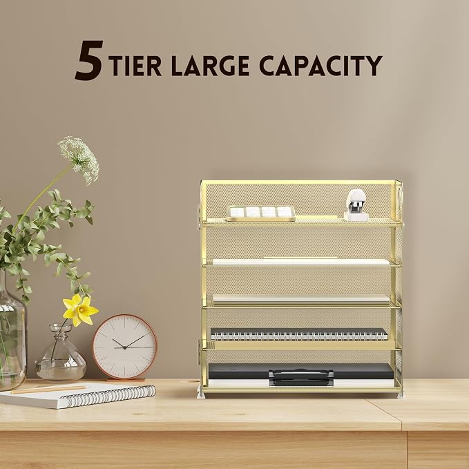5 Trays Paper Organizer Letter Tray with Handle-Mesh Desk File Organizer, Paper Sorter Desk Organizer for Office, Home or School (Golden) - Image 4