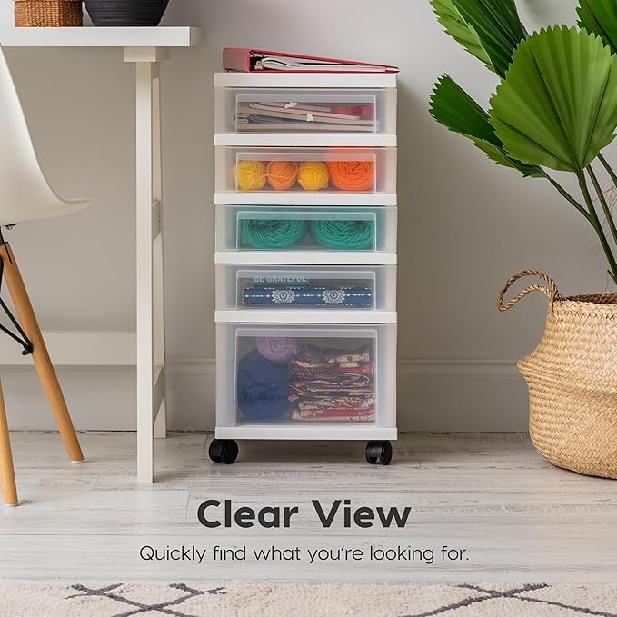IRIS USA 5-Drawer Rolling Storage Cart with Organizer Top, White/Clear | Keep craft supplies, office essentials, classroom items, and accessories organized with easy-access drawers for daily use - Image 7