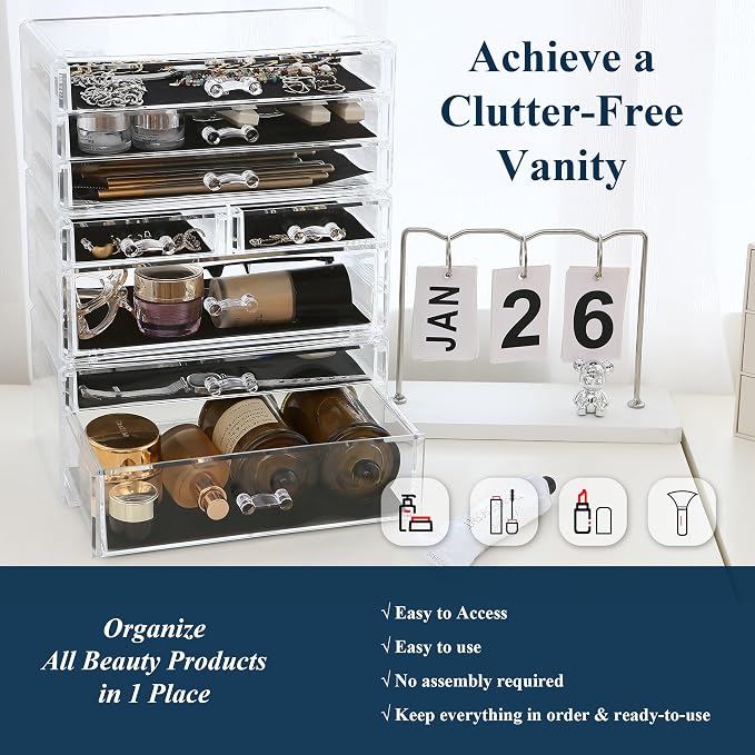 Sea Team 3-Tier Stackable Clear Acrylic Makeup Organizer with Drawers | Multi-Purpose Cosmetic Display Case, Jewelry Storage Box with 8 Drawers, Ideal for Vanity, Dresser, Bathroom, Countertop - Image 3
