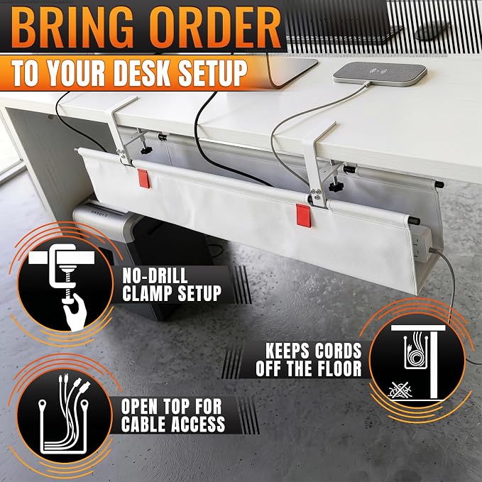 Under Desk Cable Management Tray 28" — No Drill Clamp-On Cord Organizer for Desk with Built-in Ties, Heavy Duty Metal Clamp, Foldable 600D Oxford Fabric for Home Office, WFH & Gaming PC Setup (White) - Image 6