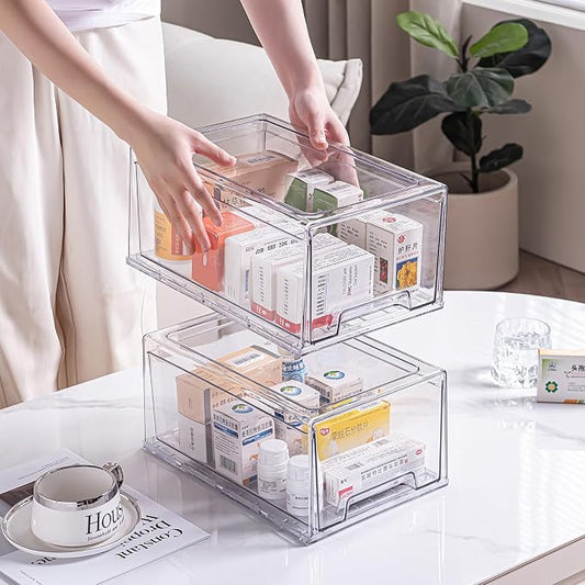 2 Pack Stackable Organizer Drawers, Clear Desk Storage Box,Transparent Drawer in Home, Office and Kitchen Pull Out Organizer Bins for Make Up, Pen, Desktop Stationary (2Extra Large) by sgoostood