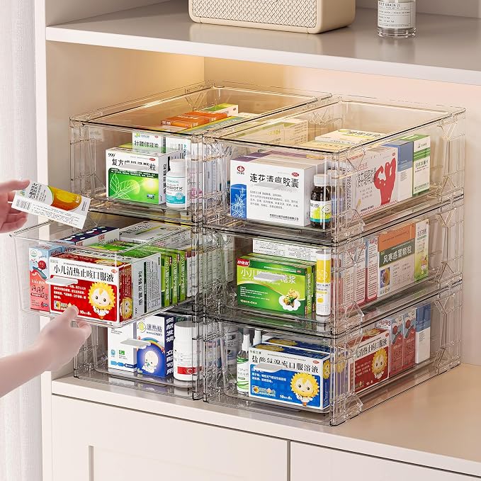 4 pack clear Drawer-Type Plastic Storage Box Bins Organizer，Family First Aid Kits Medicine cabinet Box Organizer,Closet ，Shelf，Ointments, Adhesive Bandages，Cosmetics,Office Items (clear, ZZ4L) - Image 2