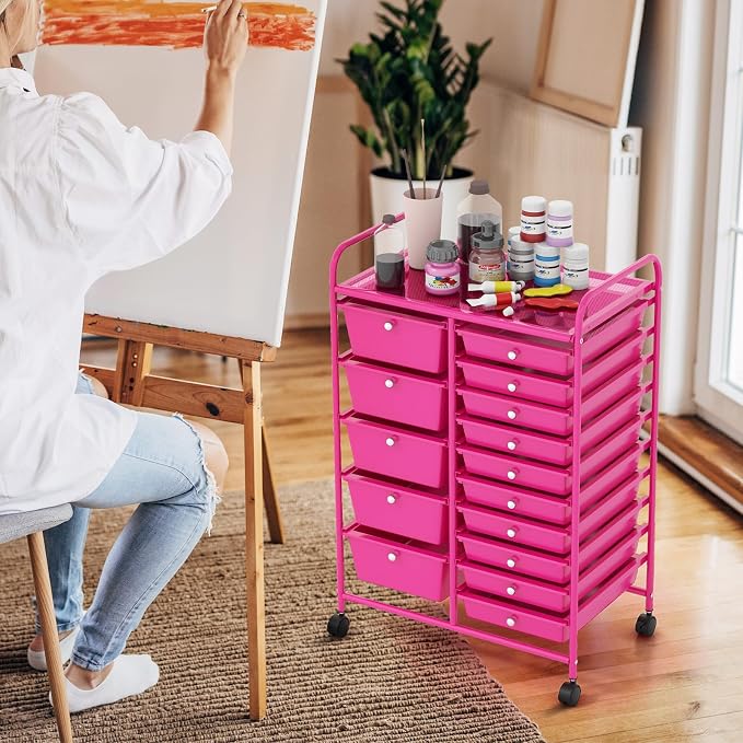 GOFLAME 15-Drawer Rolling Storage Cart, Craft Storage Cart with Removable Drawers & Lockable Wheels, Art Cart Supply Storage Organizer for Home Office Classroom, Hot Pink - Image 8
