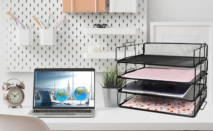 Exerz Letter Trays 4pcs Black Paper Sorters Stackable, 4 Tiers File Trays, Desk Organizer - Metal | 4 Tier Metal Mesh Stackable Saves Desk Space Holds A4 Papers Folders Notebooks Magazines For Office Home School - Image 5