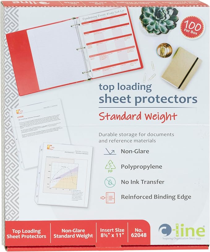 C-Line Top Loading Standard Weight Poly Sheet Protectors, Non-Glare, 8.5 x 11 Inches, 100 per Box (62048) by C-Line