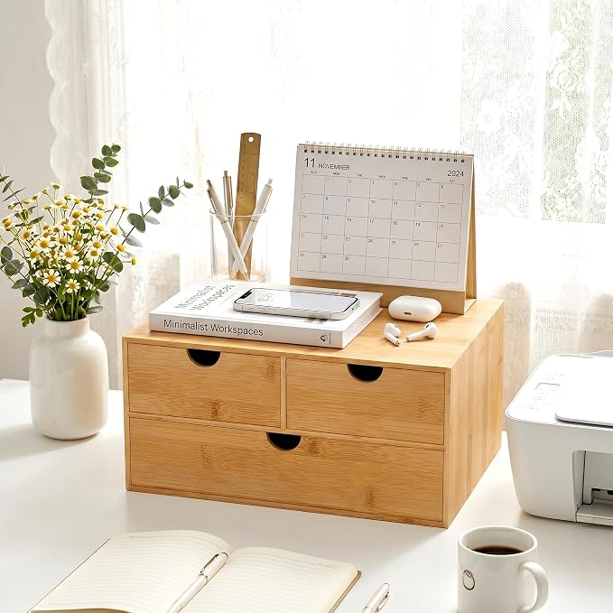 Bamboo Desk Organizer with Drawers, Desktop Storage for Office Supplies | 3 Drawers Desktop organizer, No Assembly Required, Natural Wood Wooden Desktop Drawers Box for Bills, Cosmetics, Seals, Paper - Image 2