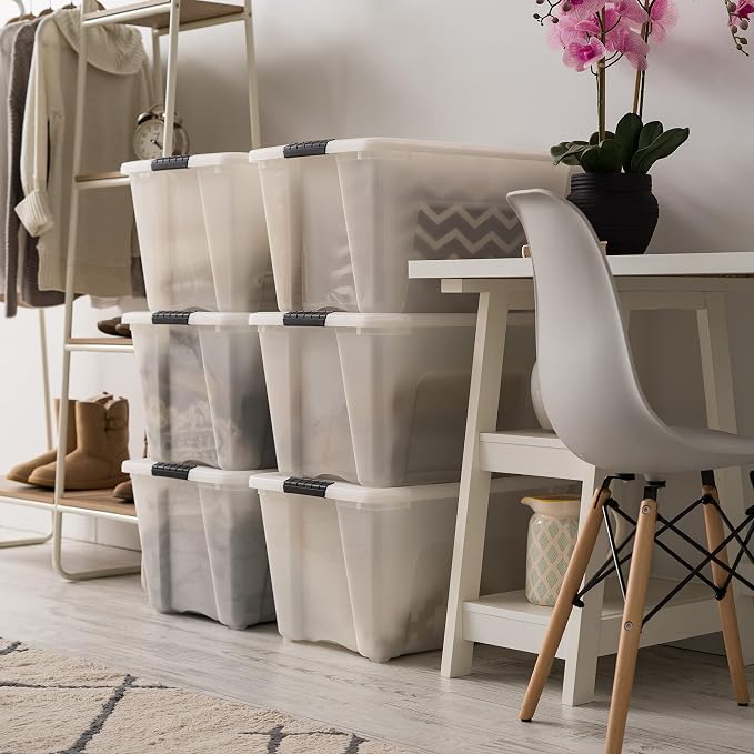 IRIS USA 6-Pack 54 Quart Storage Bins with Lids, Pearl | Conceals contents for a clean look. Perfect for moving, blankets, clothing, and garage storage. Nestable design saves space - Image 6