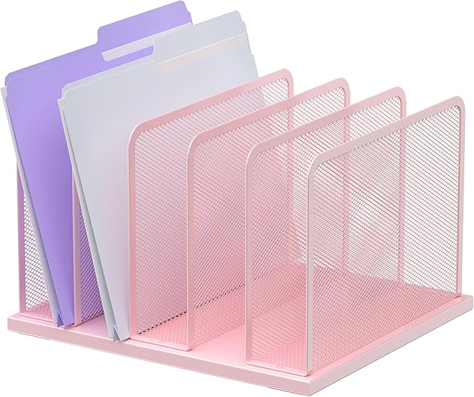 Kuntine.B 5-Section Upright Desk File Organizer Pink 1 Pack | Vertical, Mesh, Metal, Assembly, Stability, Sturdiness, Organization, Standing by KuntineB